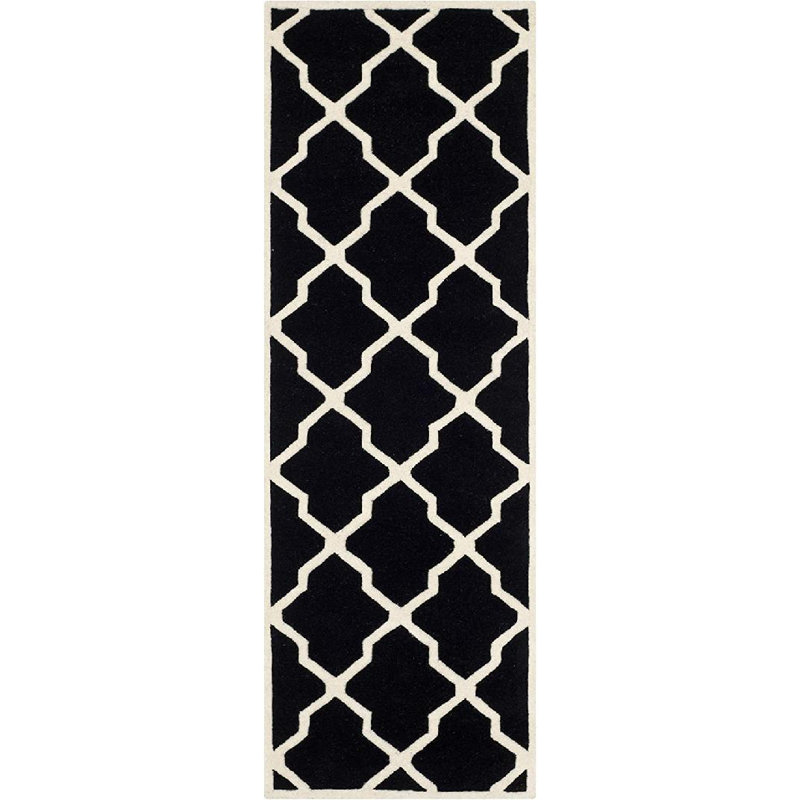 Tapis noir / ivoire en laine touffeté à la main à motif géométrique Carolene, Tapis de couloir 2 pi 3 po x 7 pi