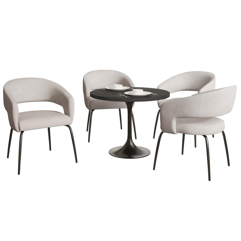 Halesworth 5-Piece Dining Set With 36" Round Dining Table In Black MDF Top And 4 Upholstered Dining Chairs, Beige