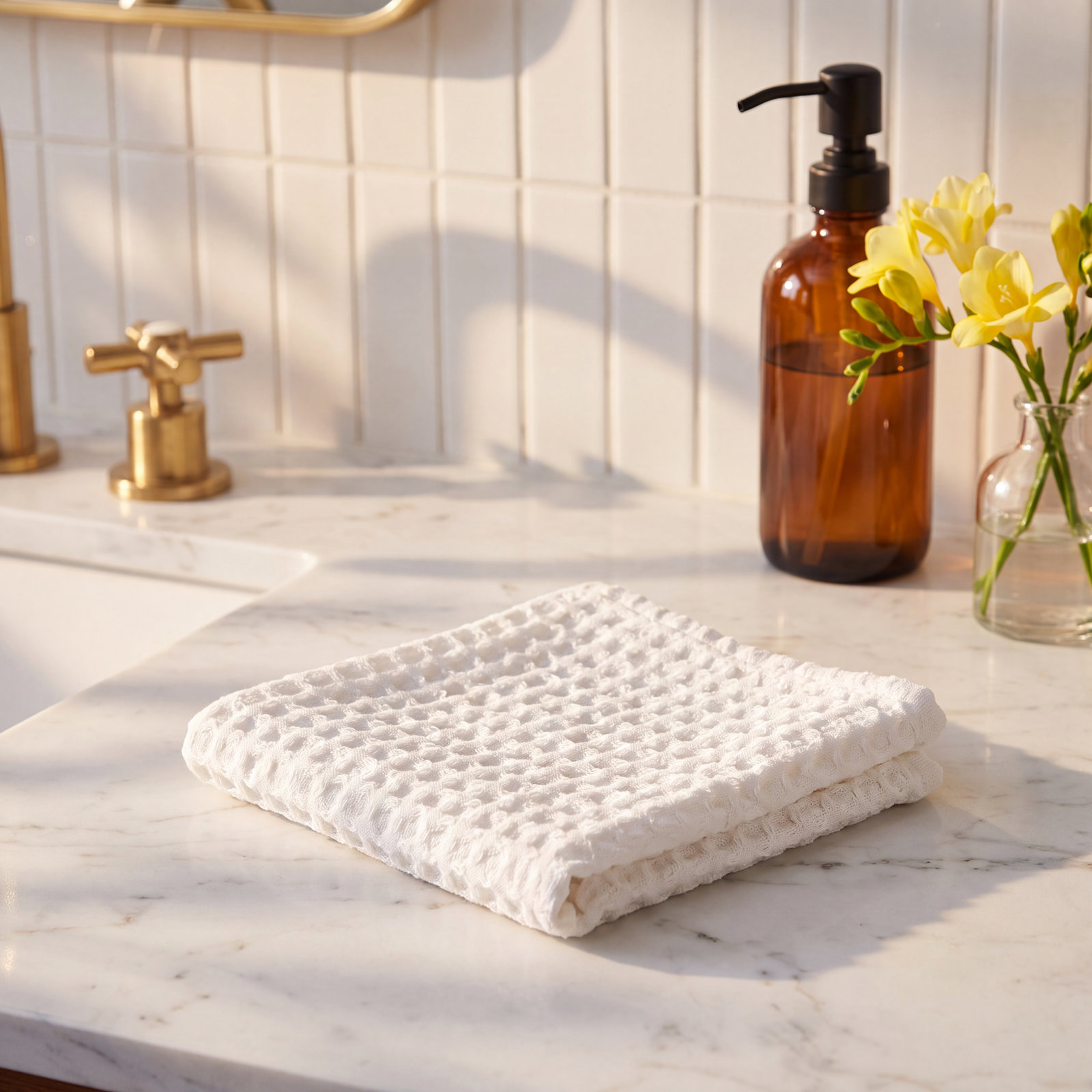 Waffle Cotton Washcloth Set, White