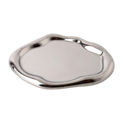 Silver Tray Decorative Vanity Tray Bathroom Tray Jewelry Dish Ceramic Silver Round Plate Holder Makeup Tray Home Organizers Irregular Storage Plate Bathroom Organizer(Long)