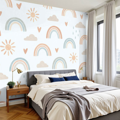 Peel and Stick Wallpaper 96" W x 69" H Modern Self Adhesive Wall Mural for Bedroom Rainbow Baby Cloud rainbow texture Kids cartoon