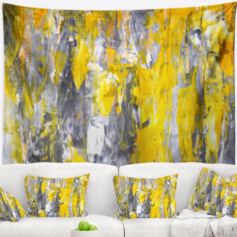 Tapisserie de motif abstrait gris et jaune, H 50 po x l 60 po
