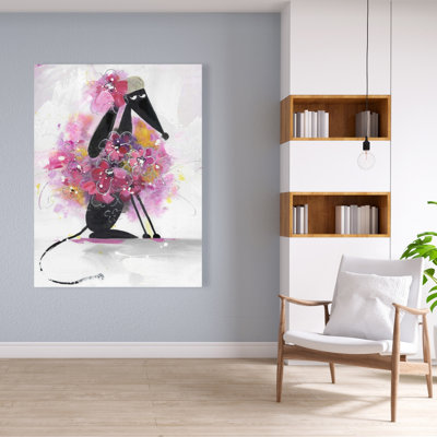 Cartoon Dog with Pink Flowers - Illustrative Animals Canvas