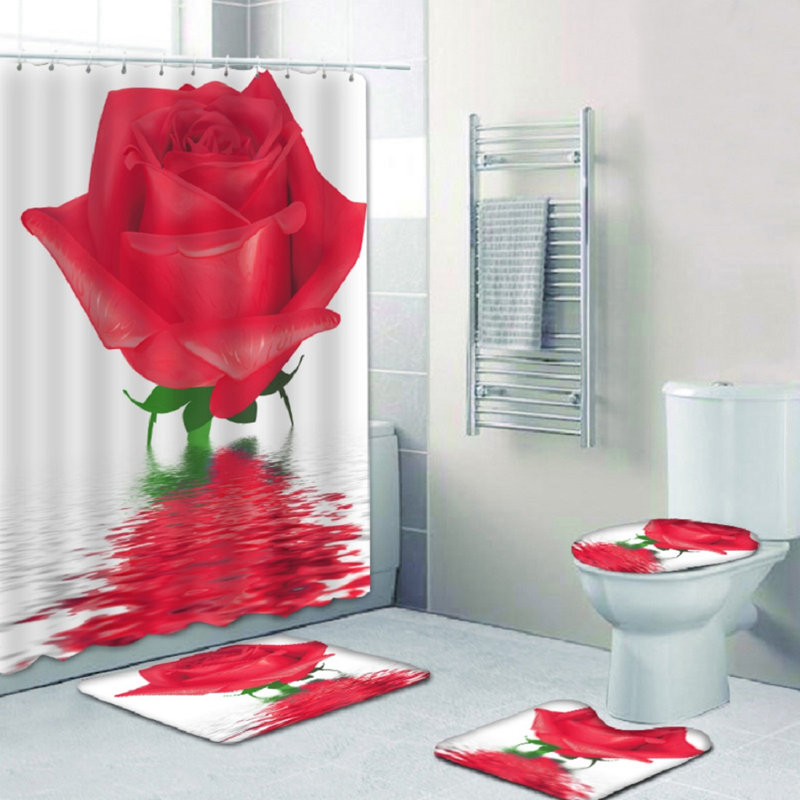 Ensemble de rideau de douche 4 pièces rose avec tapis antidérapants, couvercle de toilette et tapis de bain