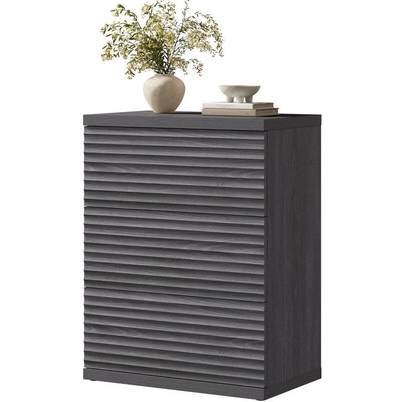 Modern Fluted 3-Drawer Dresser With Pop - Up Design, Dark Gray Alder