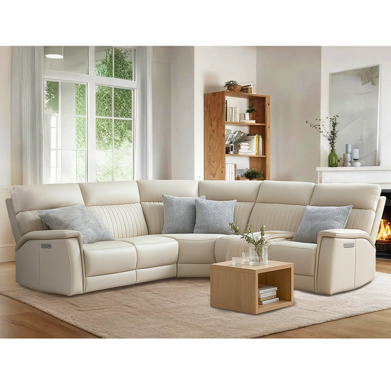 5-Piece, 2 Power Recliners Leather Reclining Sectional, Power Headrest & Lumbar  , Cream Genuine Leather, Power-Dial