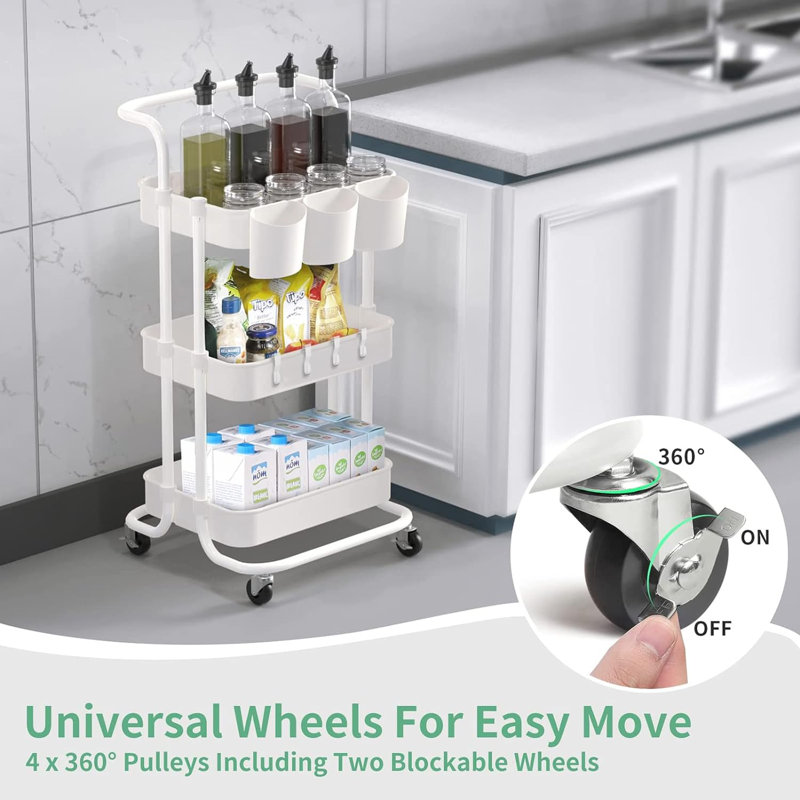White 3-Tier Metal and ABS Rolling Utility Cart