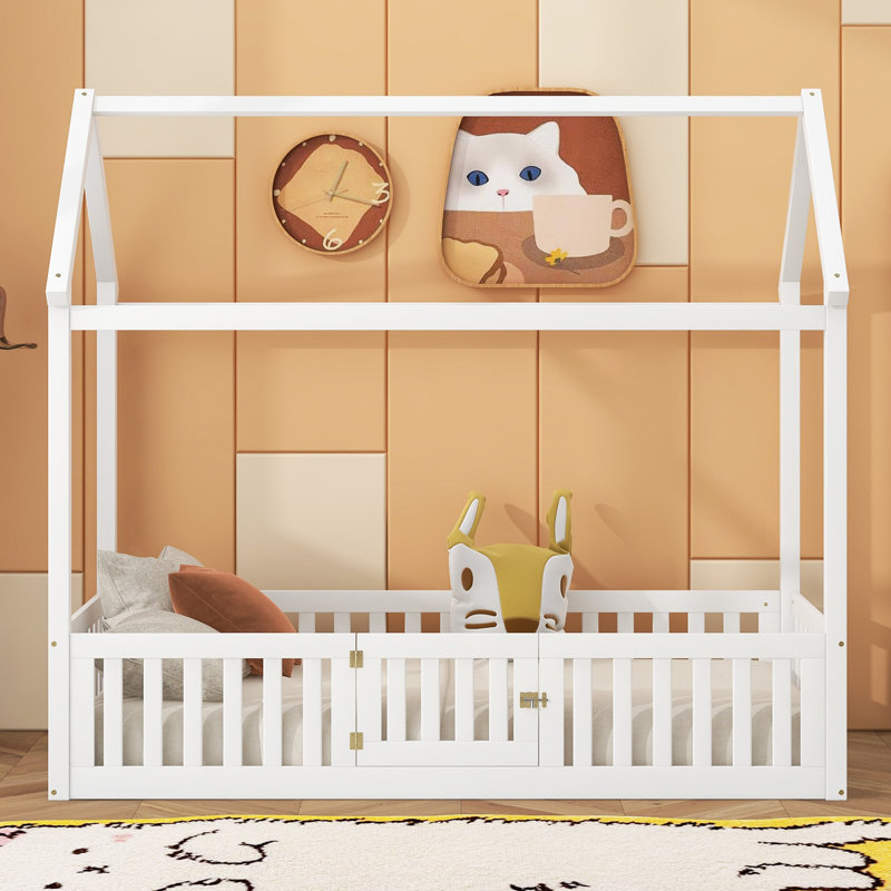 Lit en bois avec clôture, porte et finition délavée délavée, Blanc, Lit simple