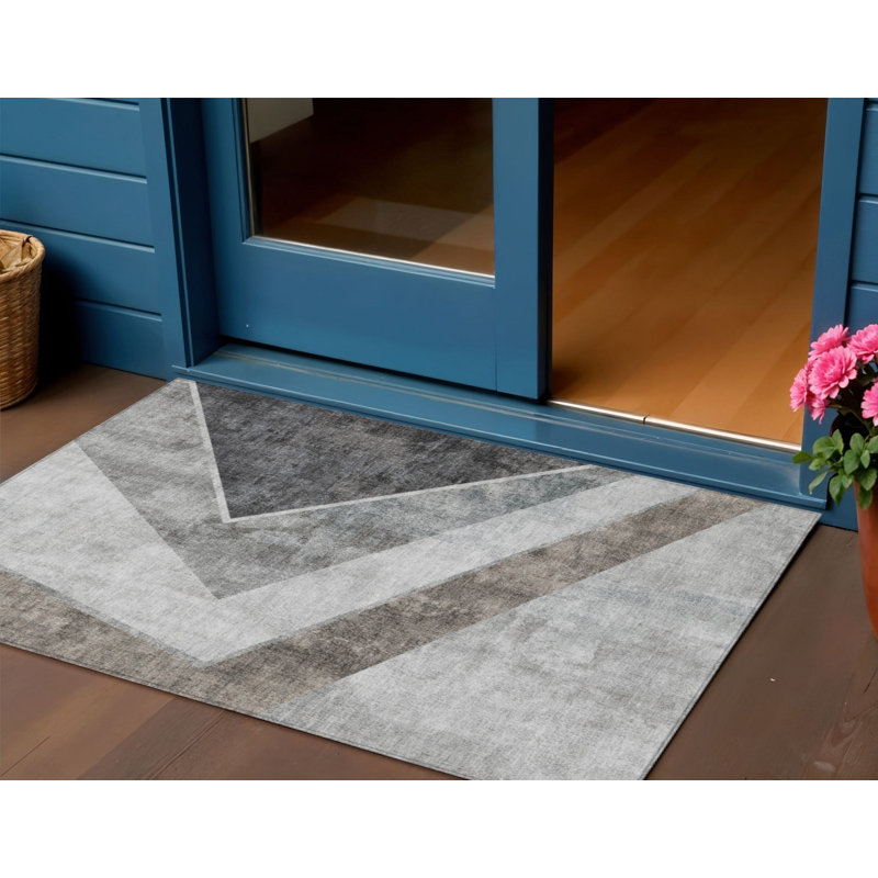 3' X 5' Silver Geometric Washable Indoor Outdoor Area Rug