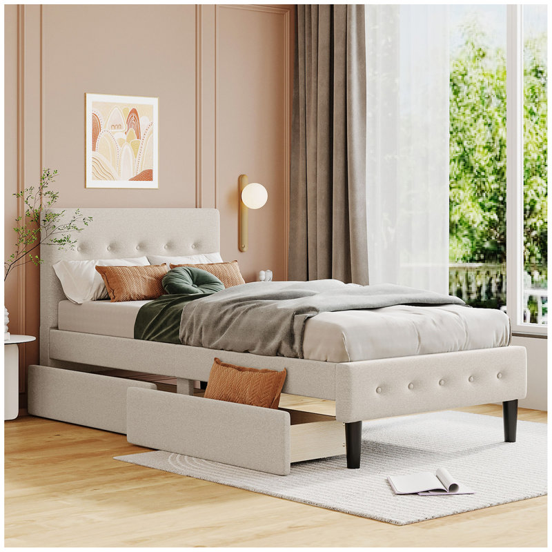 Upholstered Platform Bed with 2 Drawers, Beige