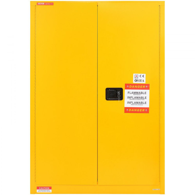 Armoire de sécurité pour liquides inflammables en acier laminé à froid 45 gallons, antidéflagrant 42,9 x 18,1 x 65,2 po avec 2 tablettes réglables et 2 portes manuelles à usage industriel, jaune
