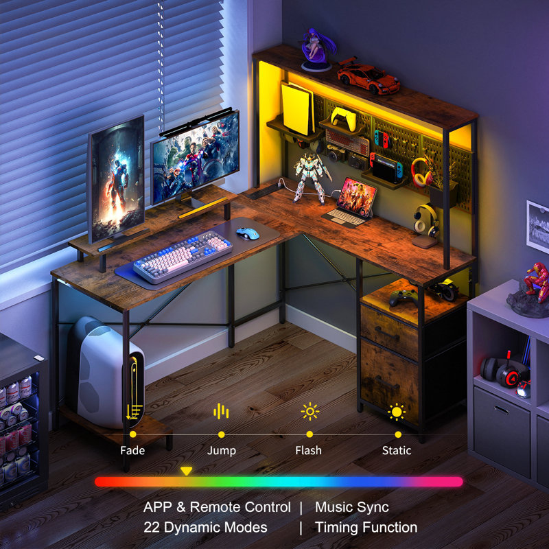 Brown/Black L-Shaped Gaming Desk with Power Outlets and Drawers