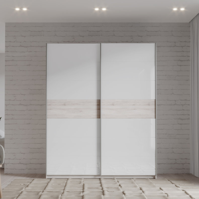 Mickie 2 Door Manufactured Wood Wardrobe, White/Beige, 210cm H x 170cm W x 61cm D