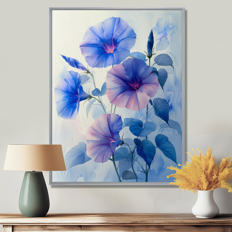 «Garden of Blue Morning Glory Bloom I - Morning Glory», art mural salon, Encadrement argenté, H 16 po x l 32 po