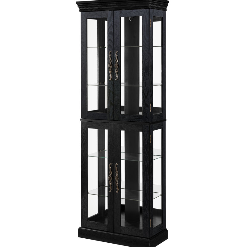 Black Lighted Glass Cabinet With Exquisite Craftsmanship For Kitchen, Ideal Collectibles Display In Living Room, Enchanting Illumination And Vintage Handle
