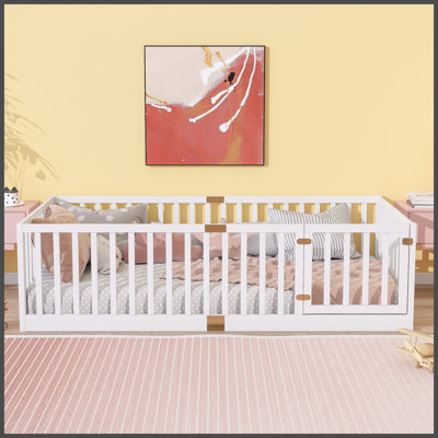 Twin Size Floor Bed with High Fence Railings, with Door, Rubber Wood Floor Bed with Safety Guardrails,White