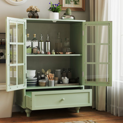 Minimalisme Buffet avec portes en verre doubles et tiroir, armoire de rangement moderne en bois pour le salon, entrée de couloir de la salle à manger (vert menthe)