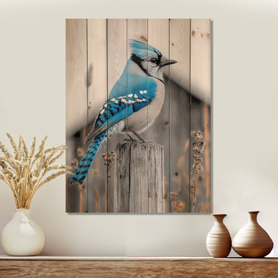 Photo Of Blue Jay In The Farmyard I - Bird Wood Wall Decor - On Natural Pine Wood
