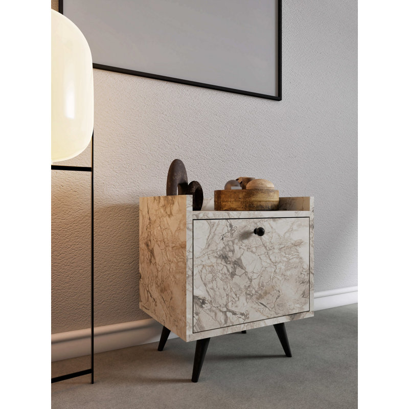 Modern Nightstand with Ephesus Marble Finish, 19.7 x 21.7 x 15.7 inches | 100% Melamine Coated Particle Board, 0.71 inches Thick | PU Leather Handle, Wooden Legs, Multiple Shelves | Stylish & Functional Bedroom Storage