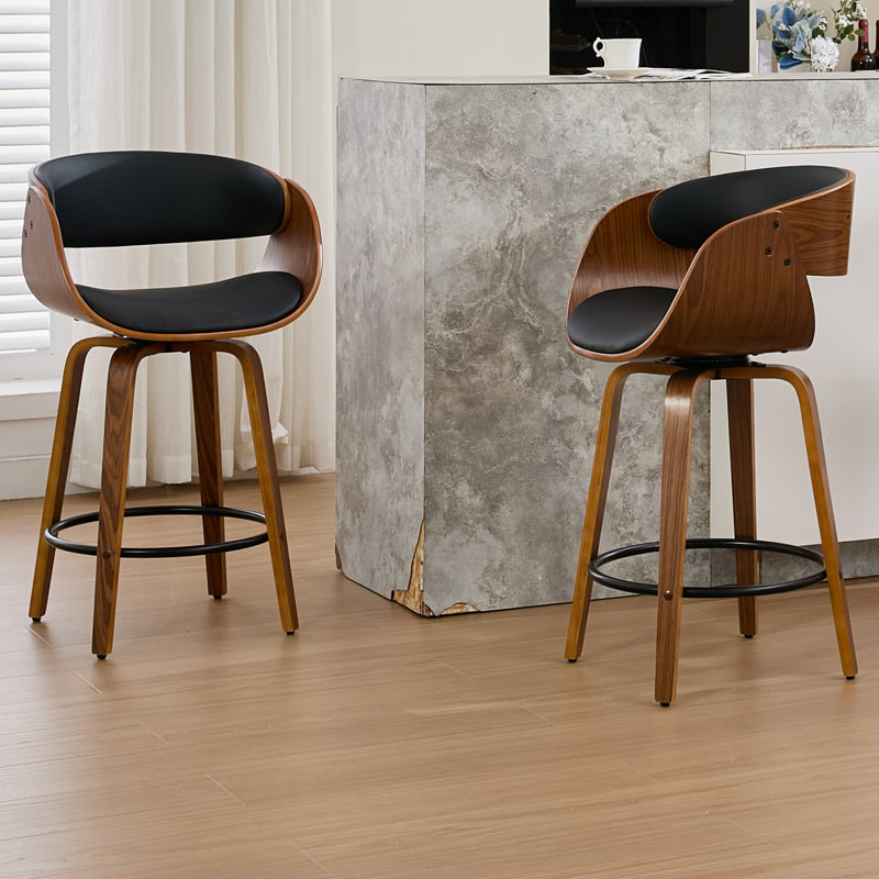 Modern Faux Leather Swivel 30'' Bar Stools, Wood Stools with Arms and Footrest, Black, Bar Stool (30" Seat Height)