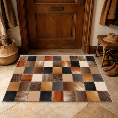 Brown Cowhide Patchwork area rugs for Living Room, Soft and Comfortable, Suitable for all seasons, easy to maintain, machine washable Indoor floor mat, Under Table Farmhouse suitable for Bedroom, Dining Room, Study, Patio, Balcony, Home Decor