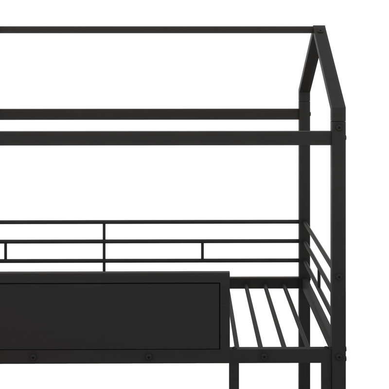 Twin Size Metal House Bed Loft Bed With Two-Sided Writable Wooden Board And Slide, Black