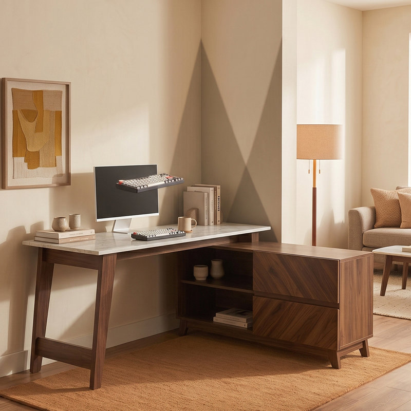 CARRARA L-Shaped Credenza Desk, White/Brown