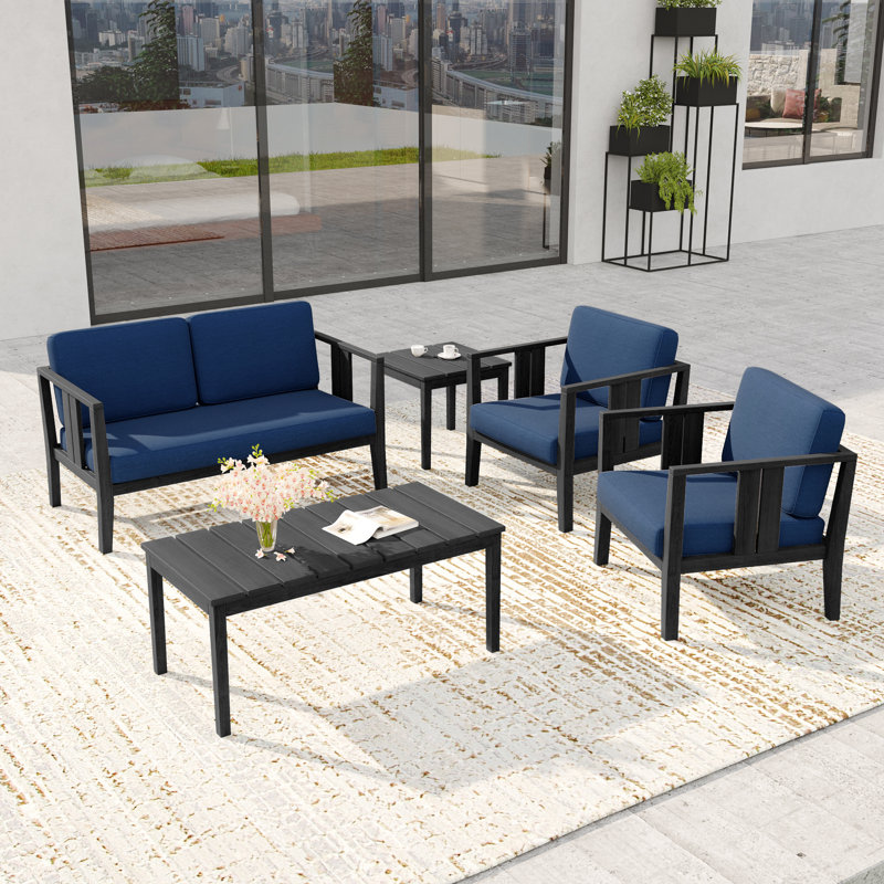 Polett Teak Outdoor Four-person Patio Set with Cushions and Two Tables, Black, Navy