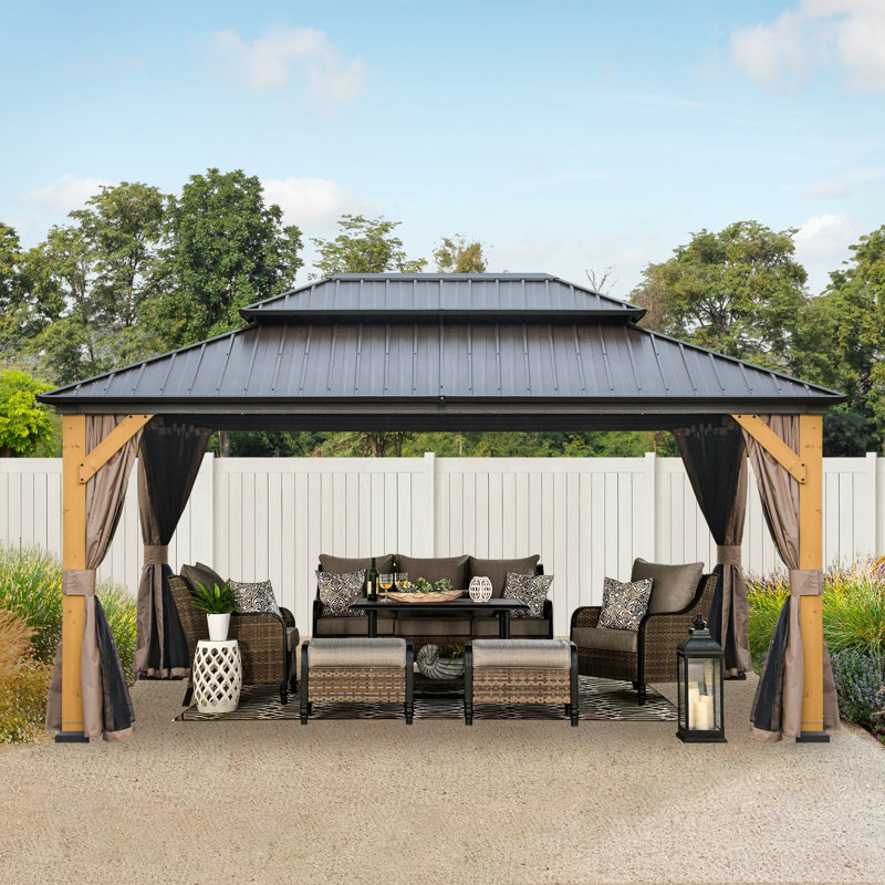 Solid Wood Post Patio Gazebo with Metal Frame, 15.85 ft x 11.91 ft