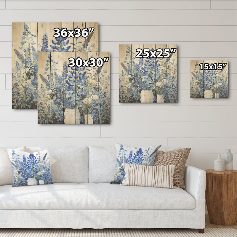 Blue Bonnets in Vase Minimalisme Harmony - Blue Bonnets, art mural sur bois de pin naturel, H 30 po x l 30 po
