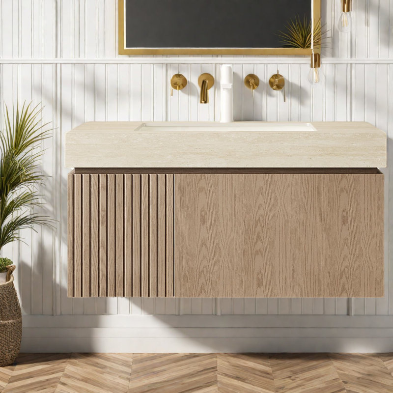 Meuble-lavabo suspendu moderne avec lavabo, comptoir en pierre frittée, grand espace de rangement