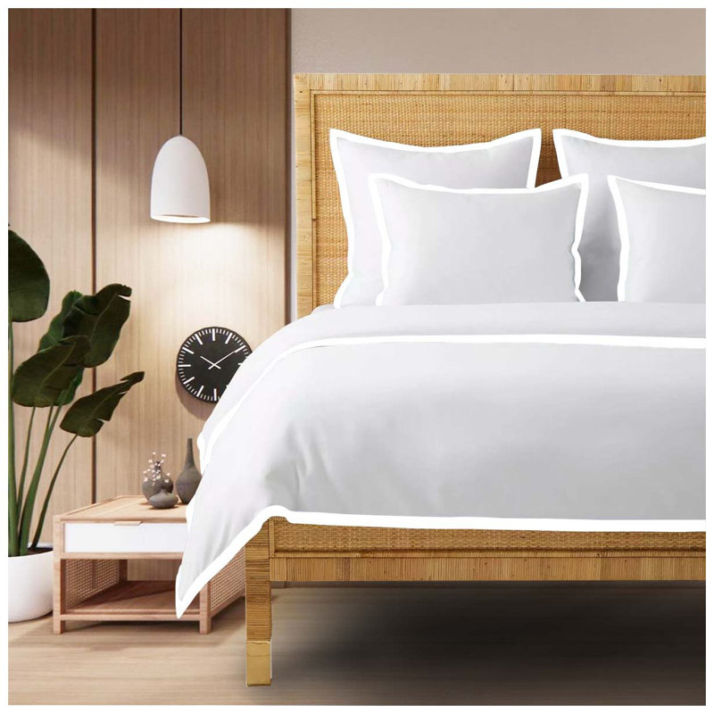400TC Cotton Sateen Edge Border Frame Duvet Cover Set, Queen Duvet Cover + 2 Standard Shams, White