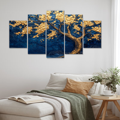 Or et bleu majestueux tronc d'arbre - ensemble d'art mural en toile de tilleul américain