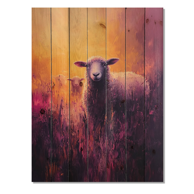 Lavender Sheep At Sunrise III - Sheep Wood Wall Decor - On Natural Pine Wood, 40" H x 30" W x 0.78" D