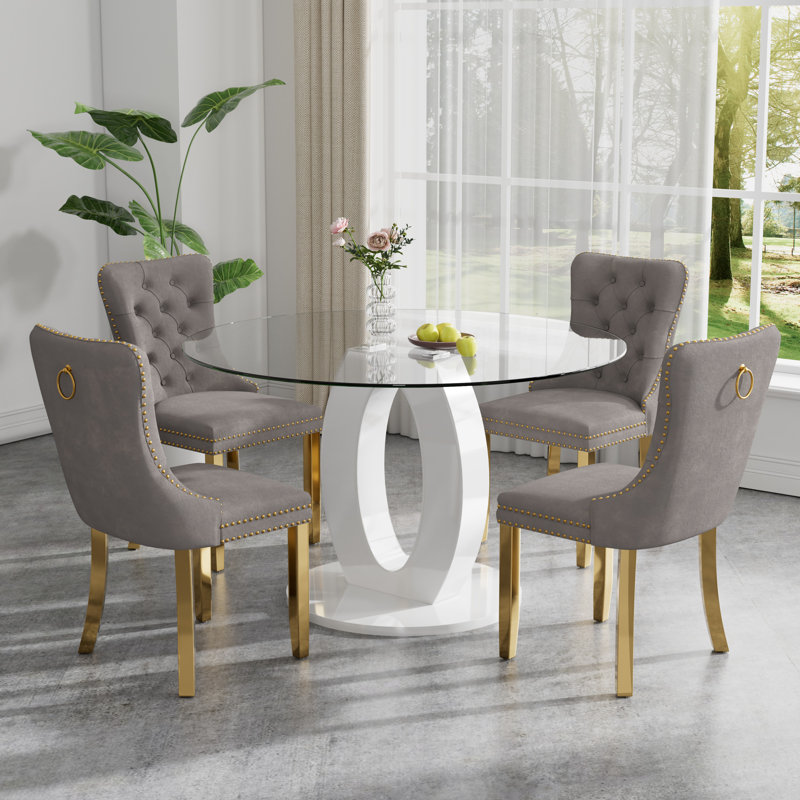 High Gloss Round Dining Table Set with 4 Velvet Dining Chairs, Gray/Gold