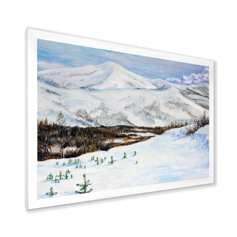 Paysage d'hiver avec des montagnes enneigées - Peinture sur toile, H 24 po x l 32 po x P 1 po, Cadre blanc