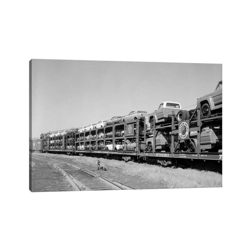 1960s Railroad Freight Train Carrying Automobiles And Pickup Trucks - Wrapped Canvas Print, 20.32 cm H x 30.48 cm W