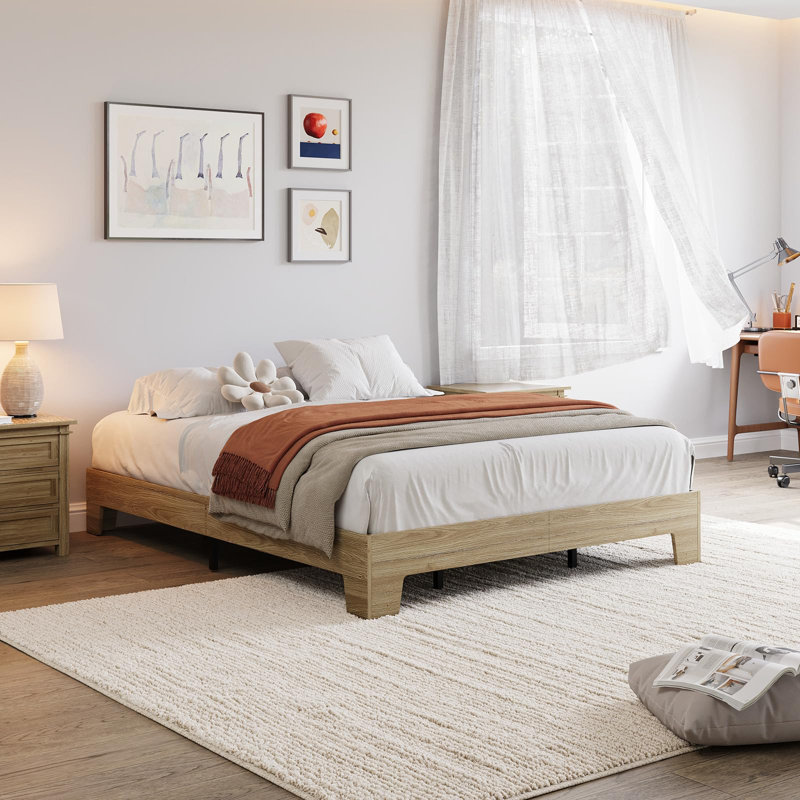 Base de lit plateforme en bois, lit minimaliste avec support en lattes de bois, espace de rangement sous le lit, Grand lit