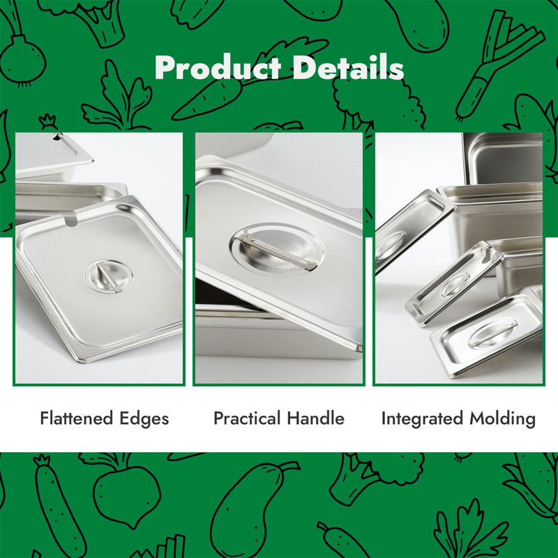6-Pack Stainless Steel Full Size Hotel Pan Covers with Handles