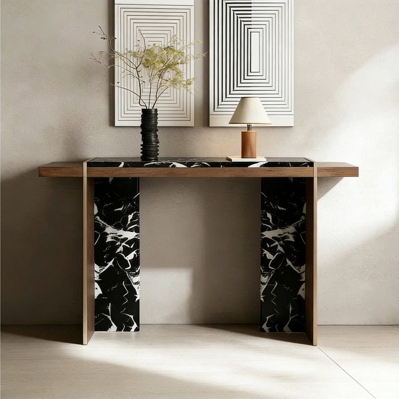 Console Marble, H 31,5 po x l 59,06 po x P 13,78 po, Brun / blanc / noir