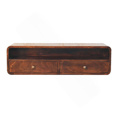 Console flottante en bois massif noyer de Californie, 2 tiroirs, brun