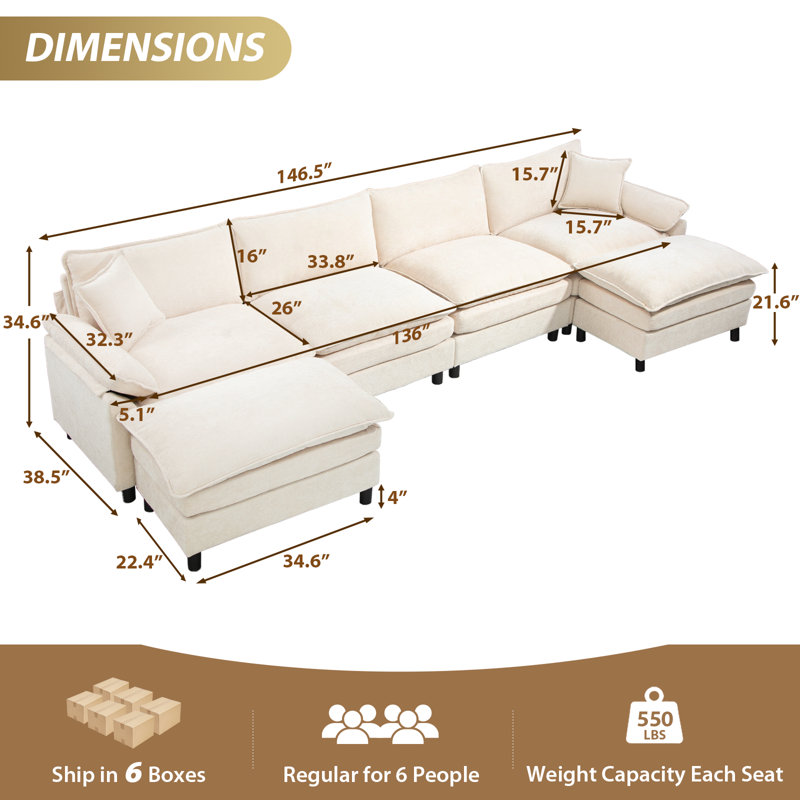 Upholstered U-Shape Sectional With Two Ottomans, 34.6" H x 146.5" W x 57.8" D, Beige Chenille