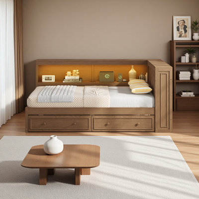 Lit de jour en bois pleine grandeur avec tablettes de rangement, USB, DEL et 2 tiroirs