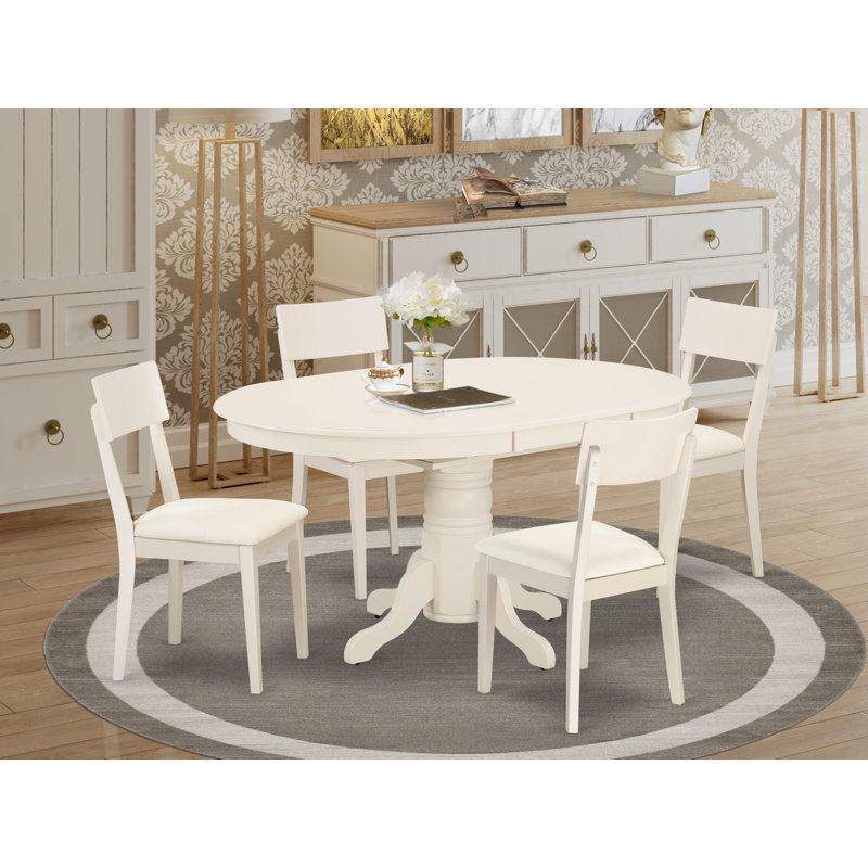 5 Piece Modern Dining Table Set Includes an Oval Wooden Table with Butterfly Leaf and 4 Faux Leather Kitchen Dining Chairs, Linen White