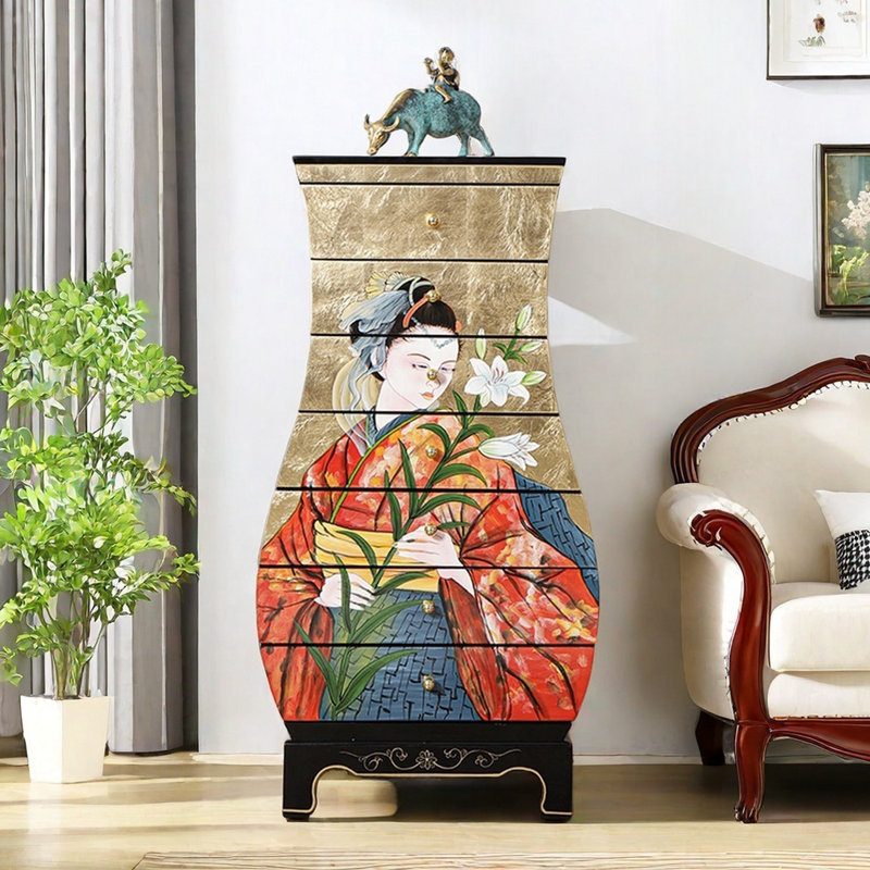 Hand-Painted Gold Foil Seven-Drawer Accent Chest