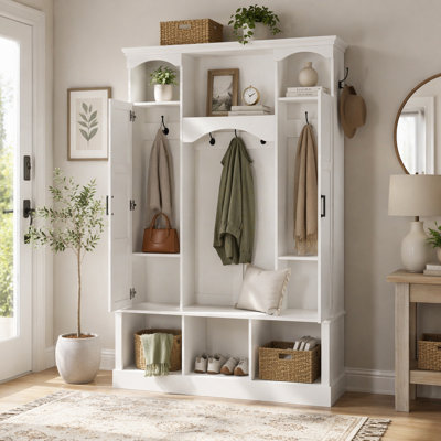 Arbre de couloir moderne tout-en-un avec tablettes réglables, banc de rangement de style campagnard arqué classique avec armoires latérales doubles