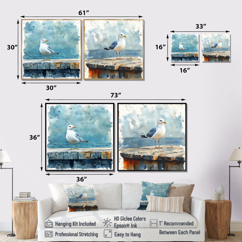 Mouette sur le quai I - décoration murale oiseau - art mural moderne 2 pièces, 16" H x 33" W, Floater Framed, Silver