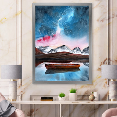 Paysage avec un bateau reflétant dans un lac de montagne - reproduction sur toile