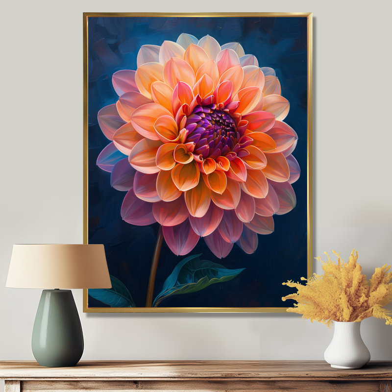 Dahlia mauve orange sur fond bleu IV - art mural Dahlia, Cadre flottant doré, H 40 po x l 30 po x P 1,5 po