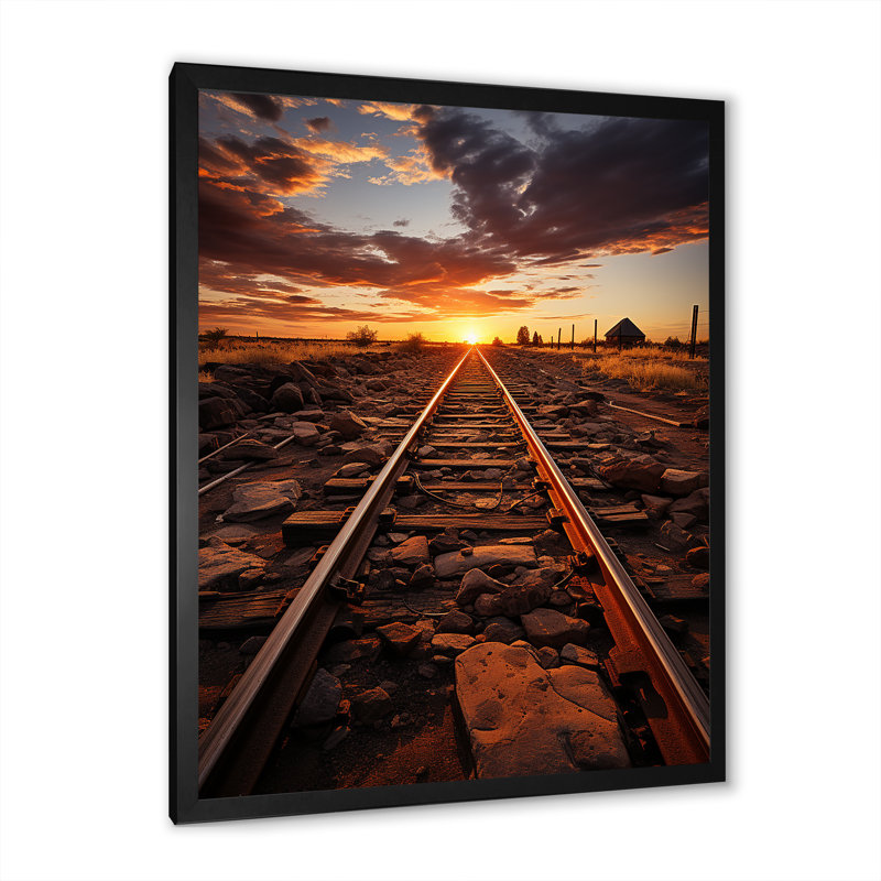 Chemin de fer dans un paysage coucher de soleil III sur toile, Cadre simple noir, H 40 po x l 30 po x P 1,5 po